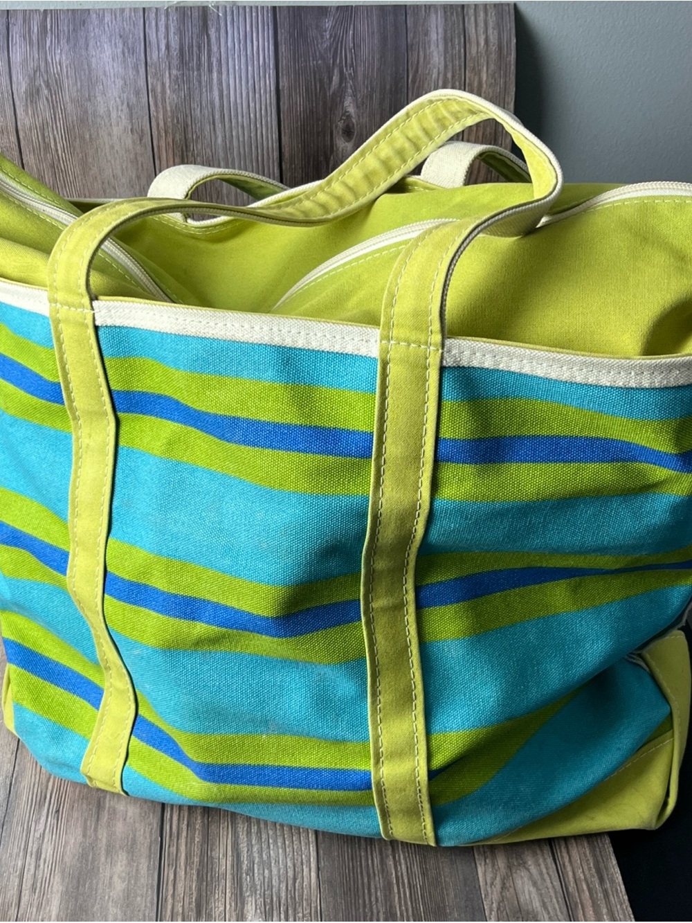 L.L. Bean Turquoise & Lime Striped Canvas Tote